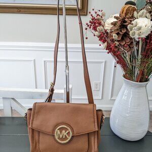Michael Kors Margot Leather Messenger Crossbody Bag Purse - Luggage Brown